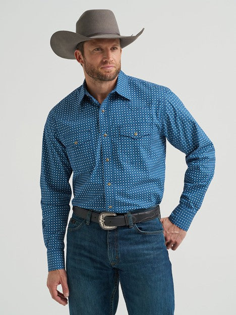 Wrangler Men's Blue Mixed Print 20X Competition Two Pocket Snap Shirt