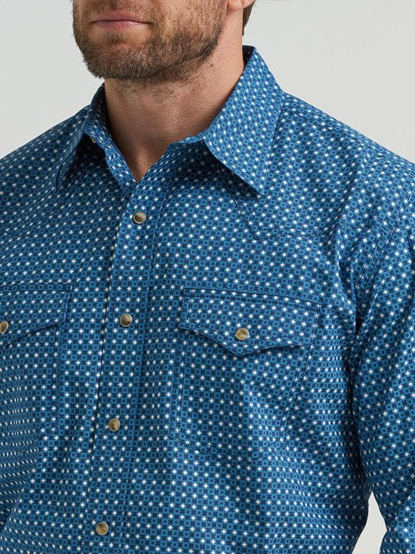 Wrangler Men's Blue Mixed Print 20X Competition Two Pocket Snap Shirt