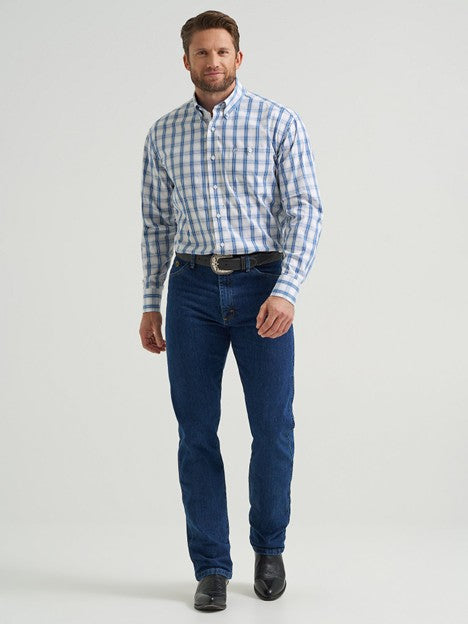 Wrangler Men's Navy Blue Plaid George Strait One Pocket Button Down Shirt