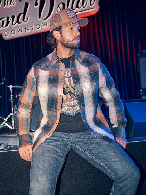 Wrangler Men's Bold Brown Retro Western Plaid Snap Shirt