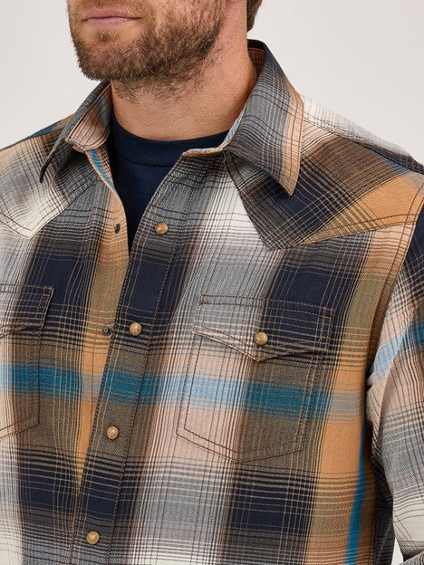 Wrangler Men's Bold Brown Retro Western Plaid Snap Shirt