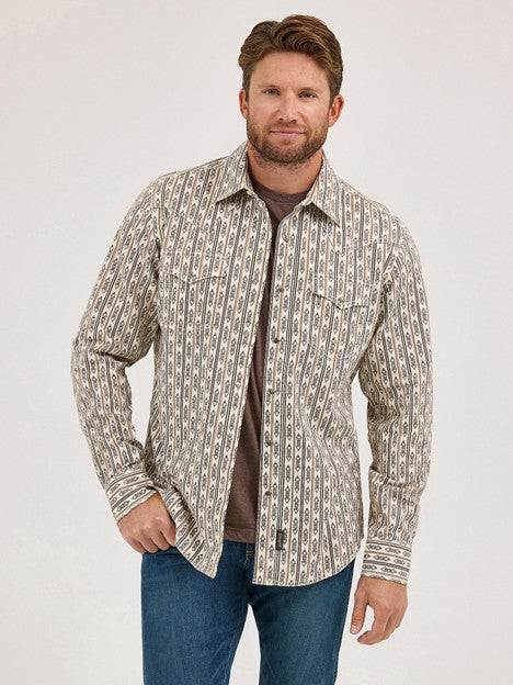Wrangler Men's Ecru Stripe Retro Printed Western Snap Shirt