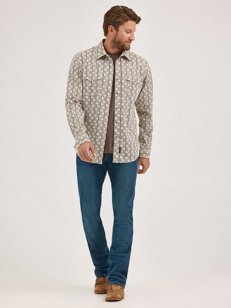 Wrangler Men's Ecru Stripe Retro Printed Western Snap Shirt