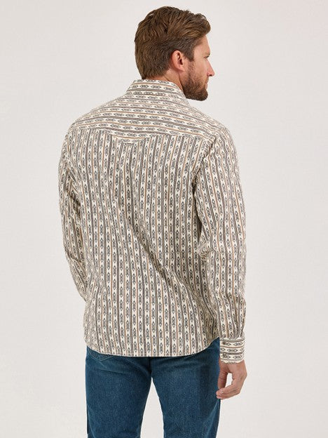 Wrangler Men's Ecru Stripe Retro Printed Western Snap Shirt