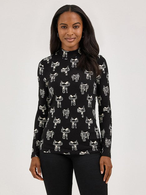 Wrangler Women's Black Saddle Print Mock Neck Shirt