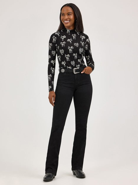 Wrangler Women's Black Saddle Print Mock Neck Shirt