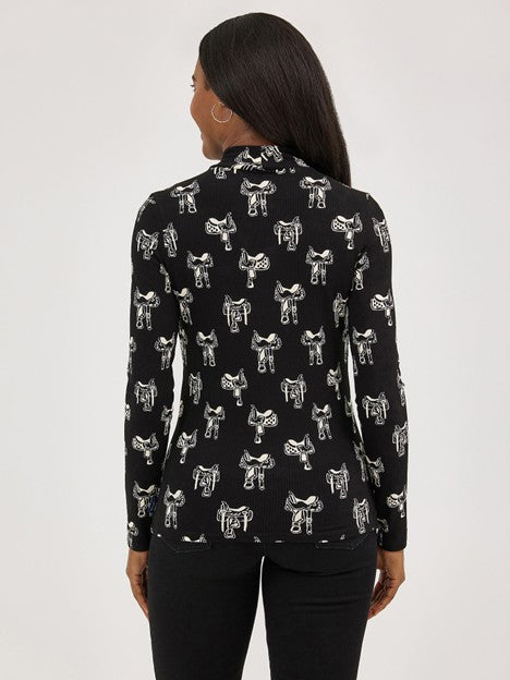 Wrangler Women's Black Saddle Print Mock Neck Shirt