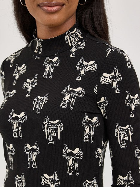 Wrangler Women's Black Saddle Print Mock Neck Shirt