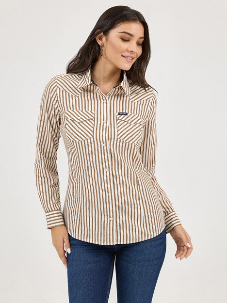 Wrangler Women's Tan Stripe Western Snap Shirt