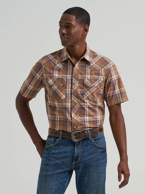 Wrangler Men's Maple Brown Retro Sawtooth Pocket Short Sleeve Western Shirt