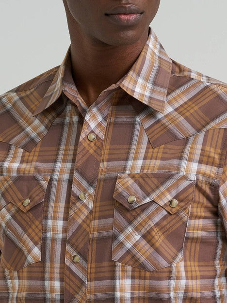 Wrangler Men's Maple Brown Retro Sawtooth Pocket Short Sleeve Western Shirt