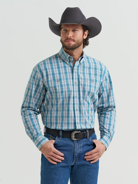 Wrangler Men's Verdigris Plaid George Strait Two Pocket Button Down Shirt