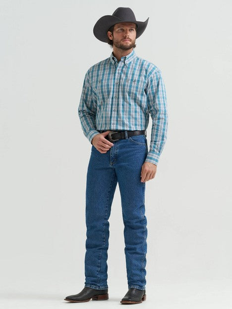Wrangler Men's Verdigris Plaid George Strait Two Pocket Button Down Shirt