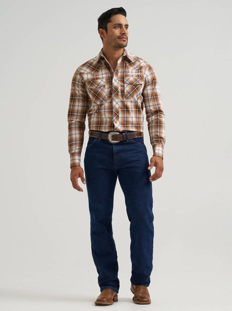 Wrangler Men's Sand Plaid Logo Long Sleeve Western Snap Shirt
