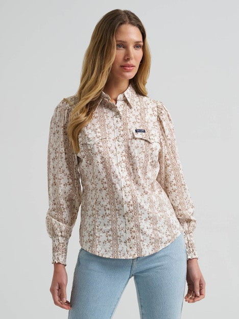 Wrangler Women's White Smock Sleeved Western Snap Blouse