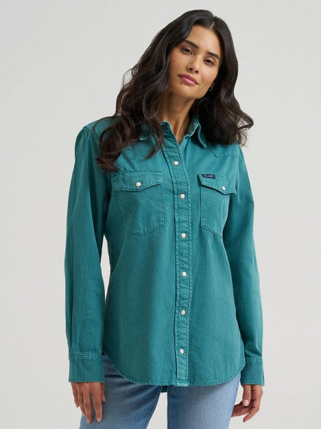 Wrangler Women's Turquoise Colorwash Iconic Snap Shirt