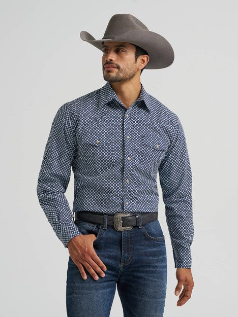Wrangler Men's Navy Dice 20X Competition Two Pocket Western Snap Shirt