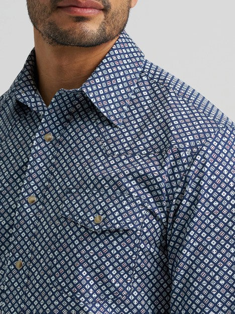 Wrangler Men's Navy Dice 20X Competition Two Pocket Western Snap Shirt