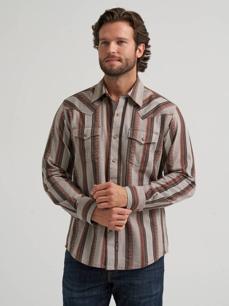 Wrangler Men's Brown Sand Retro Premium Stripe Western Snap Shirt