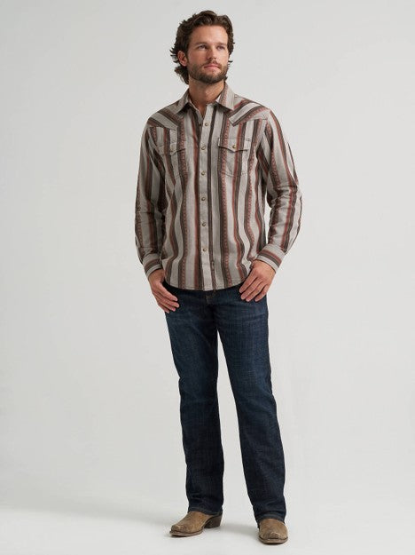 Wrangler Men's Brown Sand Retro Premium Stripe Western Snap Shirt