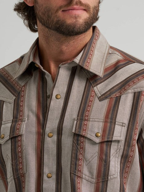 Wrangler Men's Brown Sand Retro Premium Stripe Western Snap Shirt