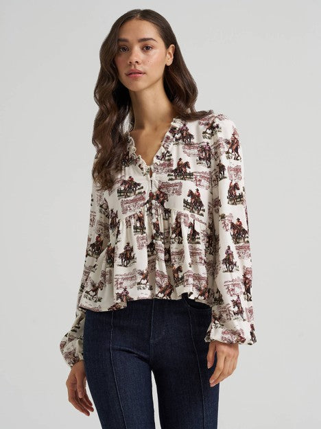 Wrangler Women's White Ranch Print Juliet Blouse