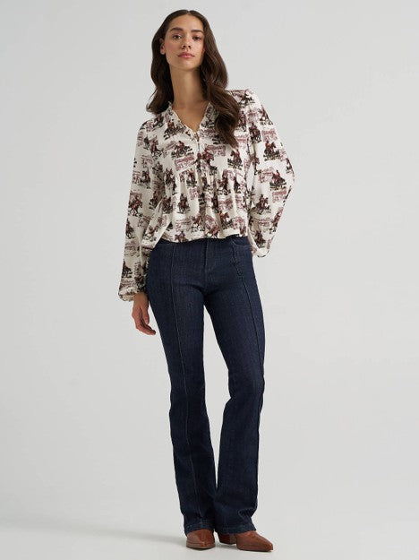 Wrangler Women's White Ranch Print Juliet Blouse