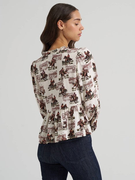 Wrangler Women's White Ranch Print Juliet Blouse