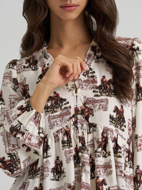 Wrangler Women's White Ranch Print Juliet Blouse