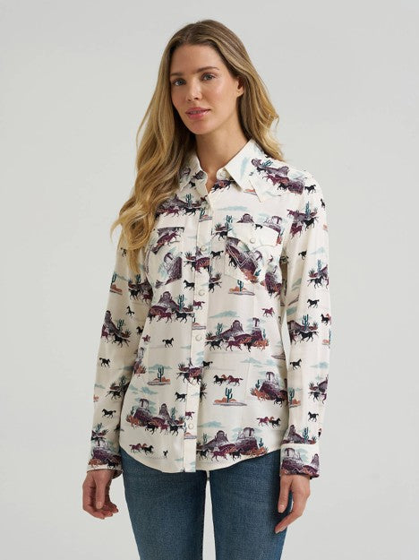 Wrangler Women's White Bold Bucking Cowboy Sierra Snap Shirt
