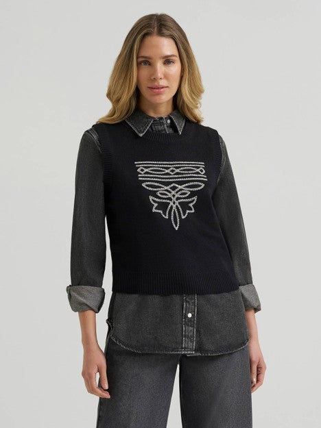 Wrangler Women's Black Western Stitch Sweater Vest