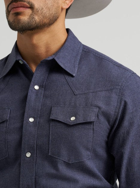 Wrangler Men's Solid Blue Cody Johnson Two Pocket Western Snap Shirt