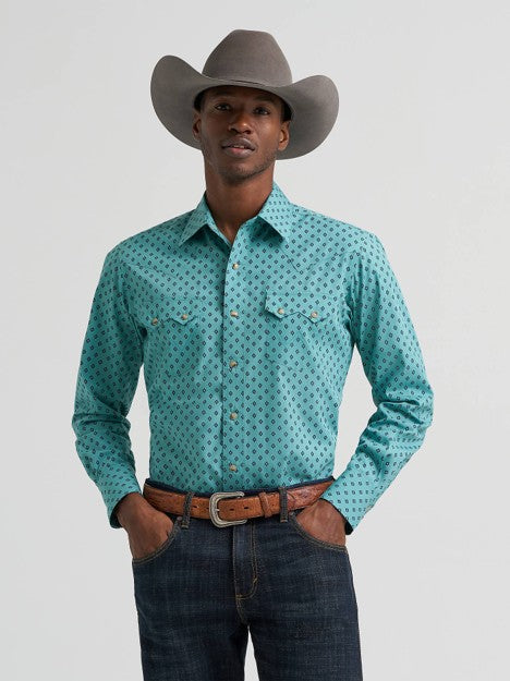 Wrangler Men's Dusky Teal Retro Sawtooth Pocket Western Snap Shirt