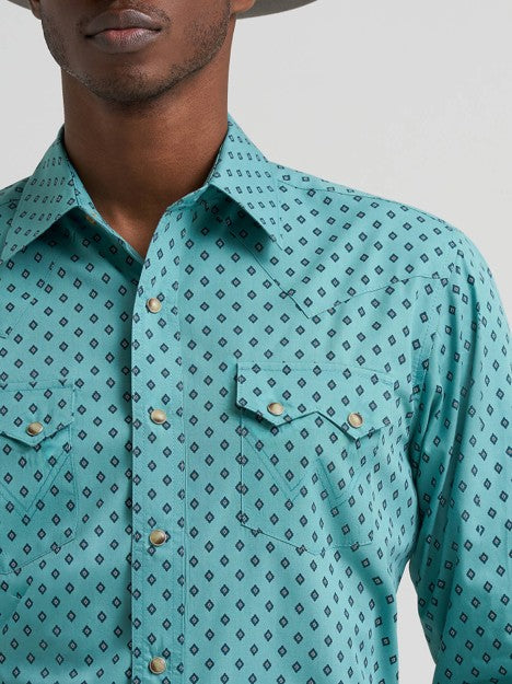Wrangler Men's Dusky Teal Retro Sawtooth Pocket Western Snap Shirt