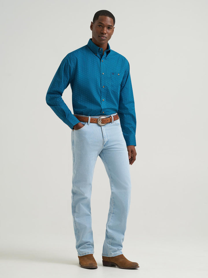Wrangler Men's Teal Print Classic Relaxed Fit Western Shirt