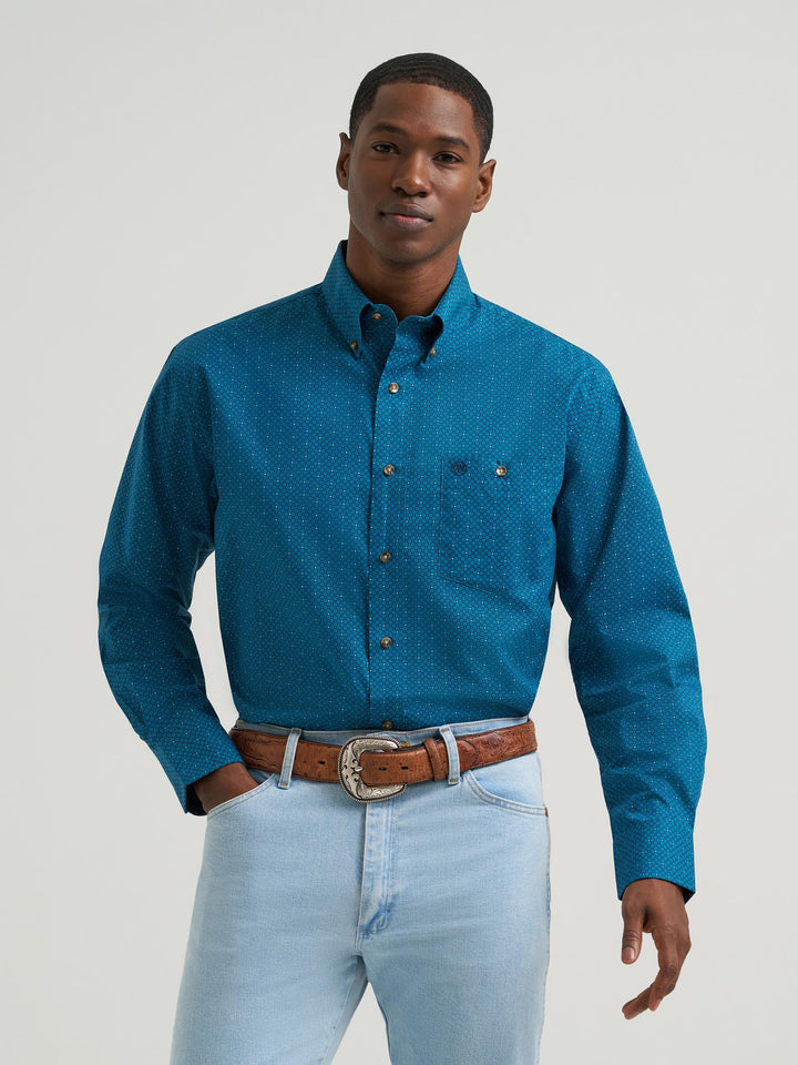 Wrangler Men's Teal Print Classic Relaxed Fit Western Shirt