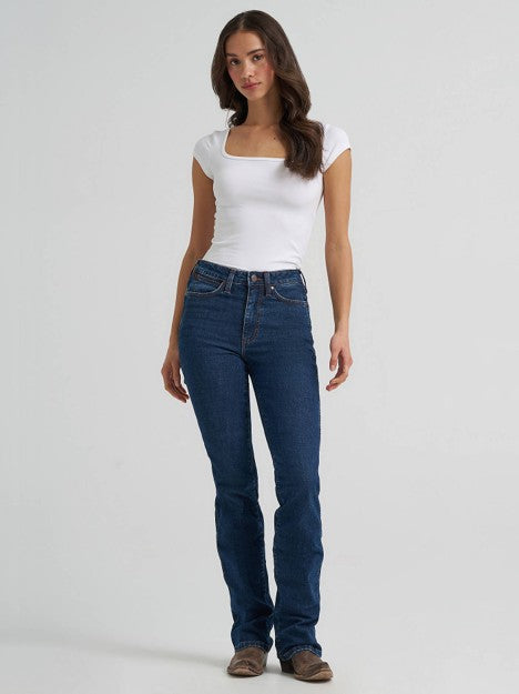 Wrangler women's Jolie Retro high rise Bailey bootcut jeans in blue denim front view