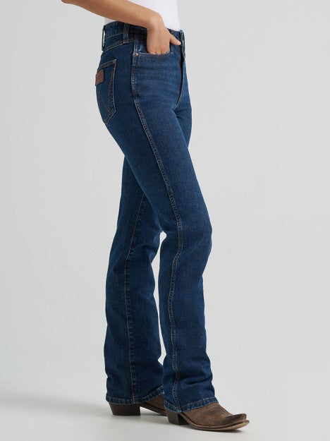 Wrangler women's Jolie retro high rise Bailey bootcut jeans in medium wash denim with classic five-pocket styling
