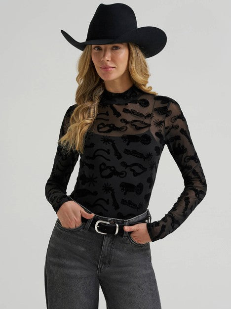 Wrangler Women's Black Spur Sheer Mock Neck Top