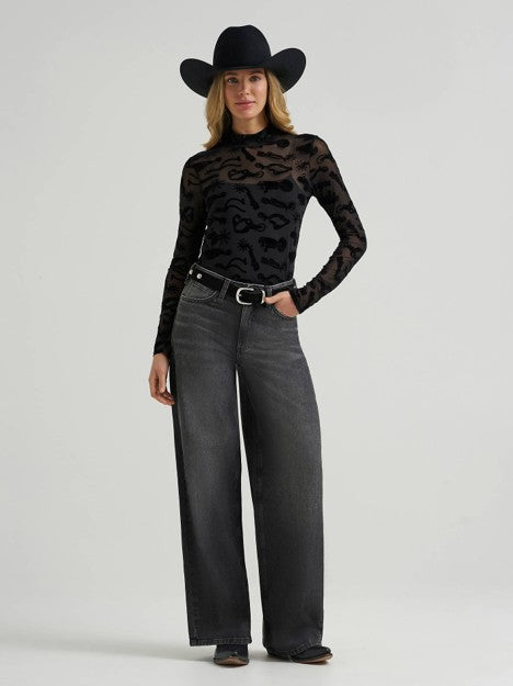 Wrangler Women's Black Spur Sheer Mock Neck Top