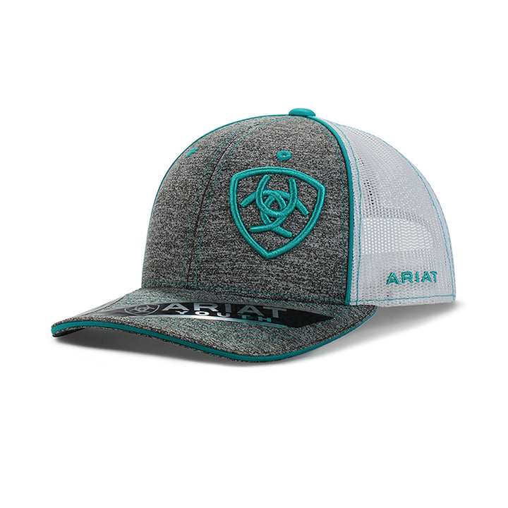 Ariat Youth Turquoise and Heather Grey Off Set Shield Logo Hat