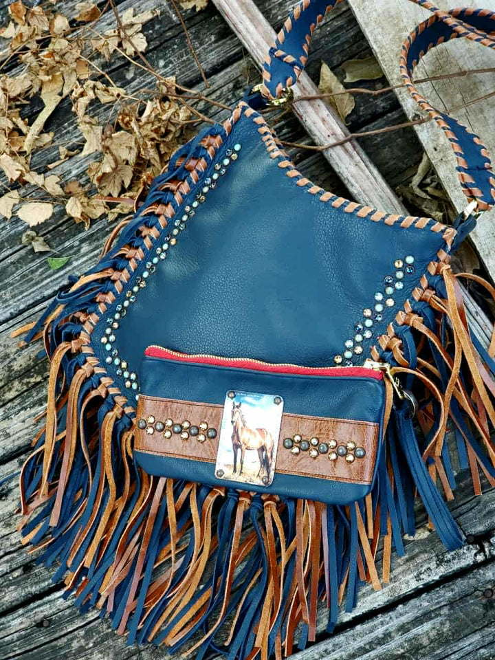 KurtMen Navy Turquoise Pearl Studded Mini Me Crossbody Bag