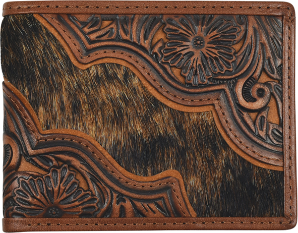 Justin Floral Tooled and Brindle Hair On Large Bifold Wallet