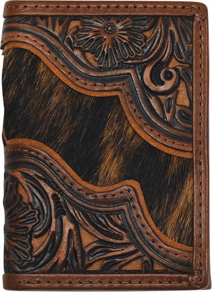 Justin Floral Tooled and Brindle Hair On Trifold Wallet