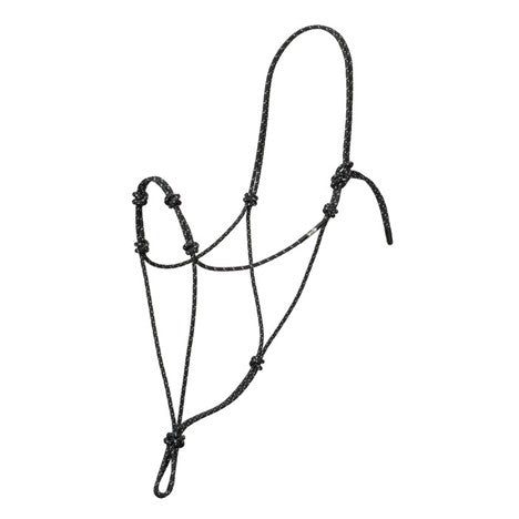 Weaver Leather Silvertip Four Knot Rope Halter on a horse, showing adjustable fit and multiple color options for average-sized horses.