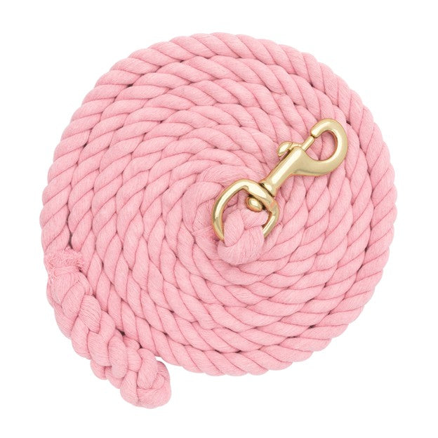 Colorful Weaver Leather cotton lead rope with solid brass 225 snap for livestock handling, featuring durable and soft woven cotton.