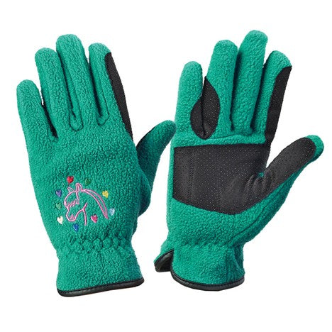 Ovation Kid's Horse N Heart fleece gloves in petrol and black with horse and heart design, cozy and warm for children.