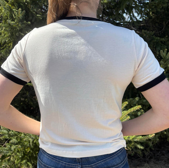 Rodeo Hippie Black and Natural Triple Western Crop Ringer Top