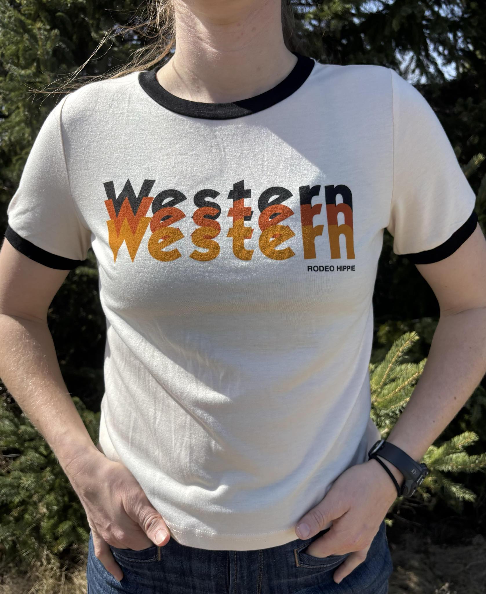 Rodeo Hippie Black and Natural Triple Western Crop Ringer Top – West 20 ...