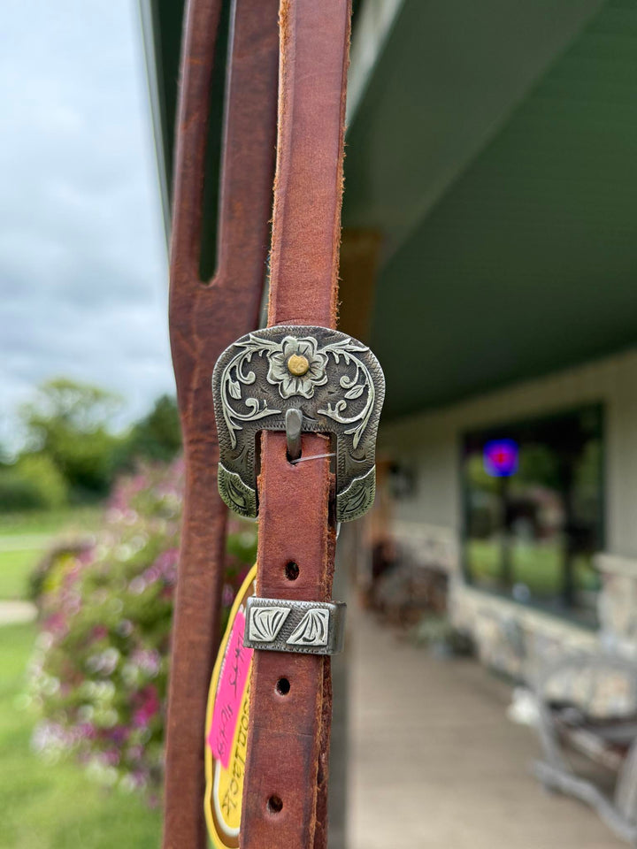 Cowperson Tack 5/8 Inch Slit Ear Headstall-Floral Scroll Buckle